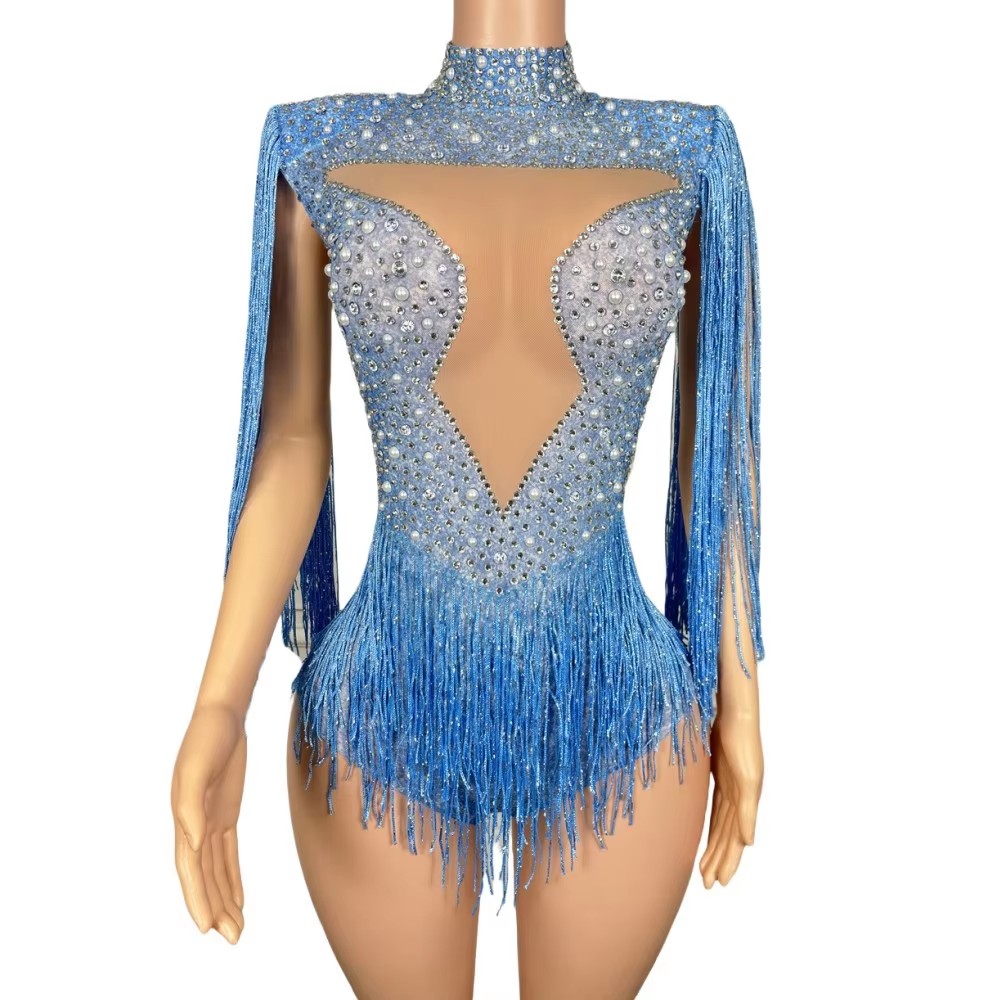 Rhinestone Banding Trim - Body con Frange e Strass Blu,