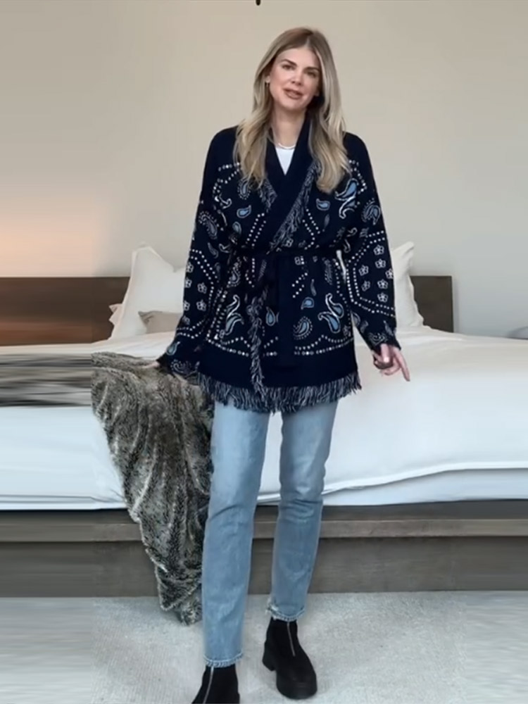Tassel Fringe Trim - Cardigan Elegante con Stampa e Nappe